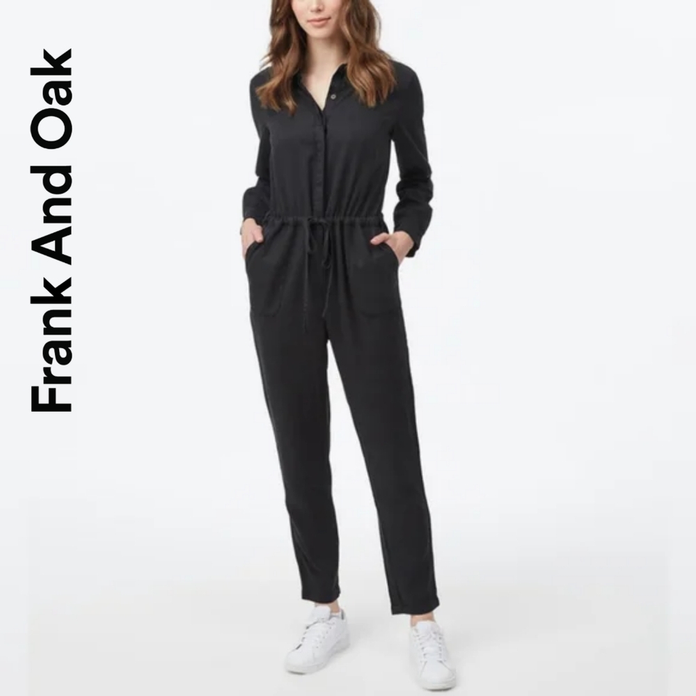 XS Frank & Oak Collared Long Sleeve Black Jumpsuit